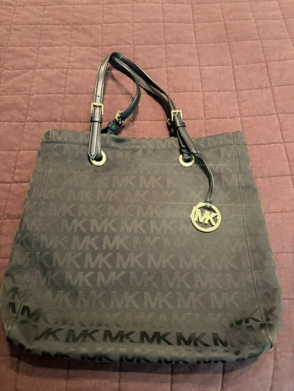 Michael Kors Black Tonal MK Signature Monogram Tote Bag Gold Hardware